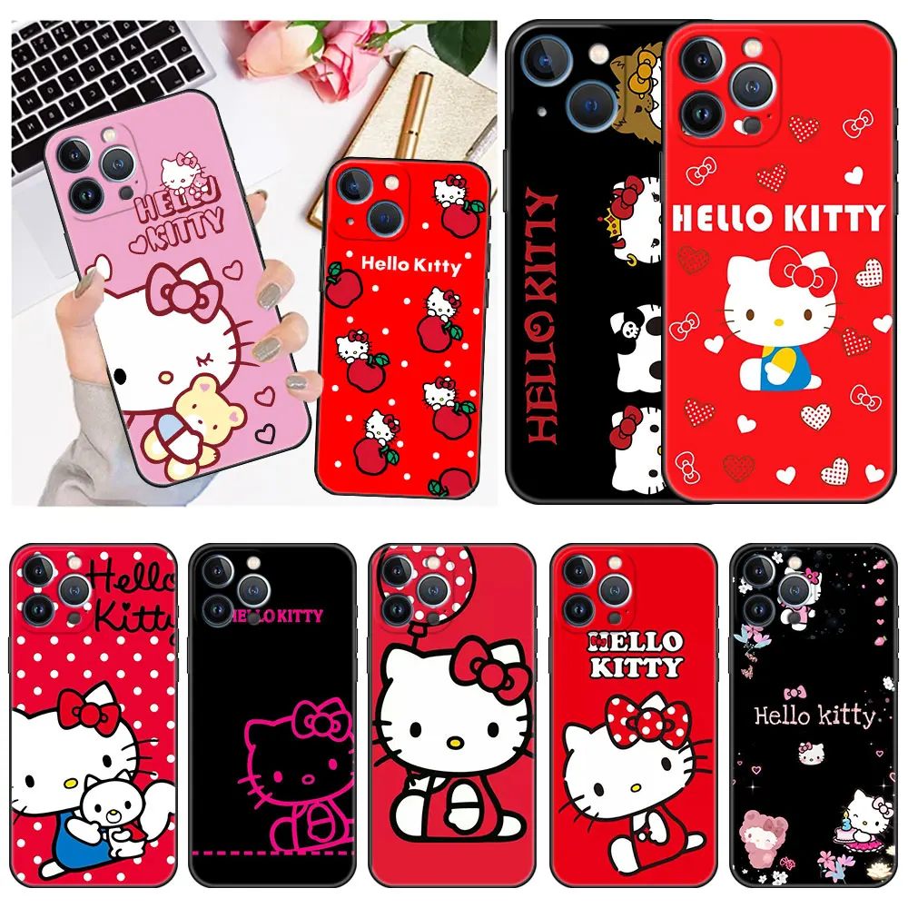 

Hello Kitty Lovly Case For Apple iPhone 14 11 13 12 Pro 7 Plus XR X XS Max 6 6S 13Pro Max Black Silicone Phone Funda