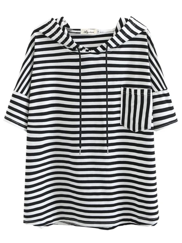 Футболка женская с капюшоном и карманами Модный повседневный топ в полоску