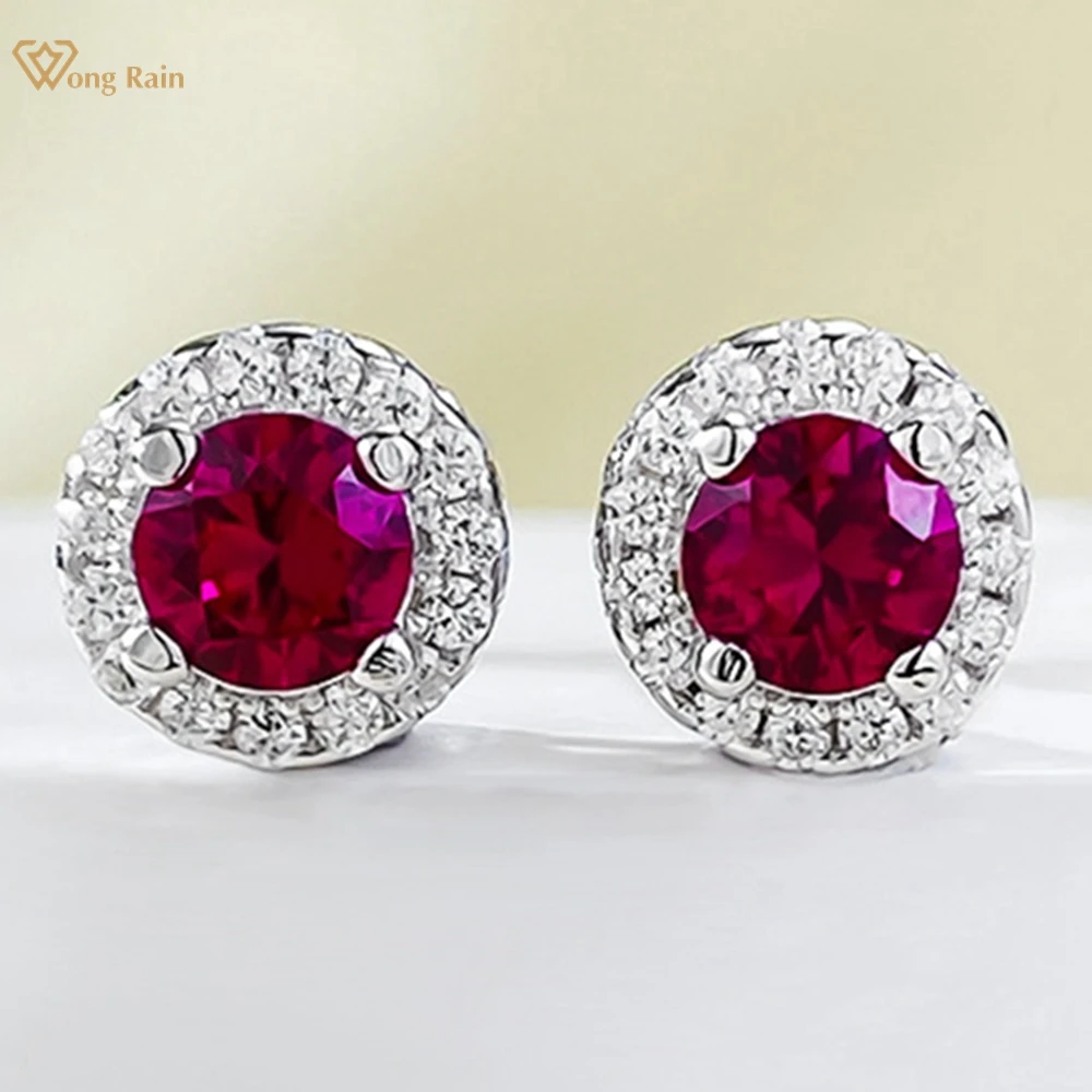 Женские серьги-гвоздики Wong Rain из серебра 100% пробы с круглым Рубином