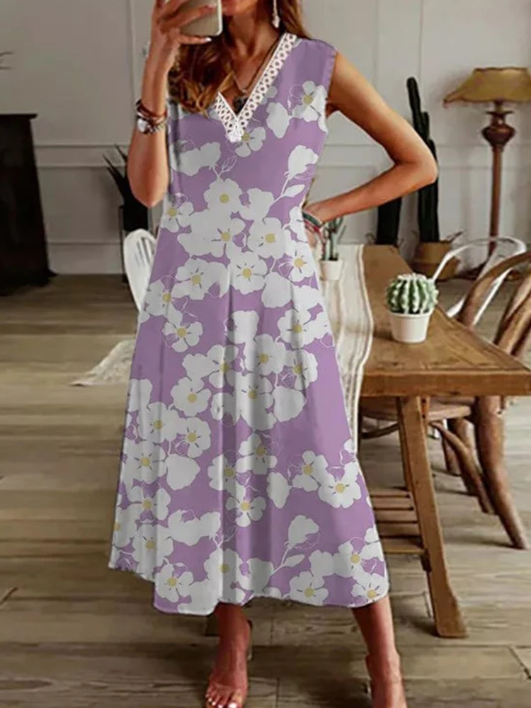 

Sleeveless V Neck Printed Long Elegant Streetwear Dress Lady Elegant Loose Waist Slim Party Dress Summer Floral Elegant Dress