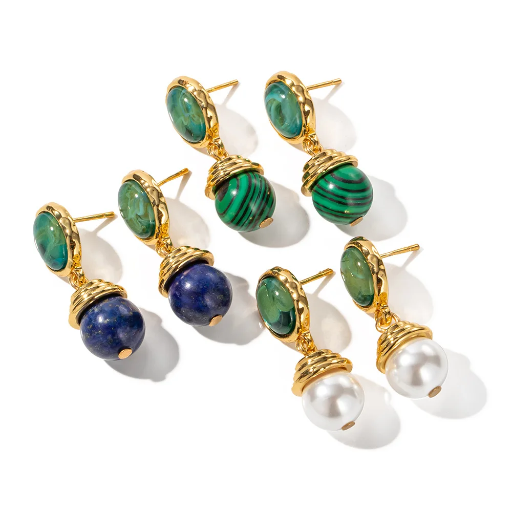 

ALLNEWME Vintage Colorful Natural Stone Lapis Malachite Pearl Drop Earrings for Women 18K Real Gold Plated Brass Long Earring