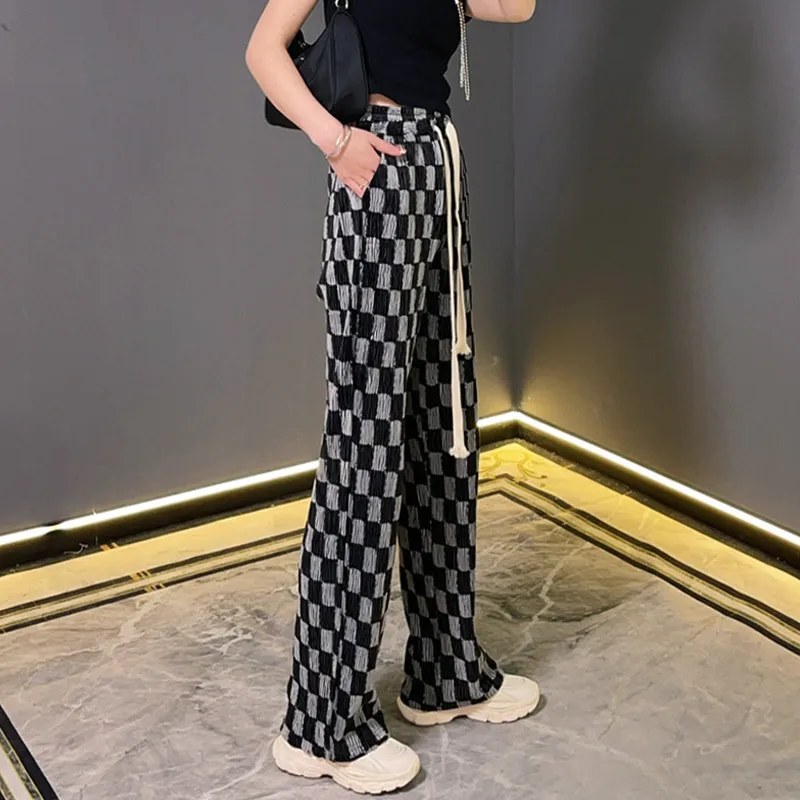 

Брюки женские клетчатые прямые с эластичным поясом, повседневные штаны с карманами, на шнуровке, уличная одежда, черно-белые, на лето
