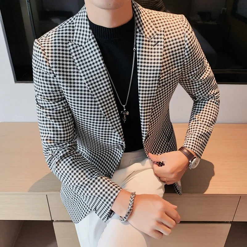

High Quality Male Blazer Fashion Single Breasted Plaid Men's Clothing Houndstooth Business Casual Men's Suit Jacket Plus Size