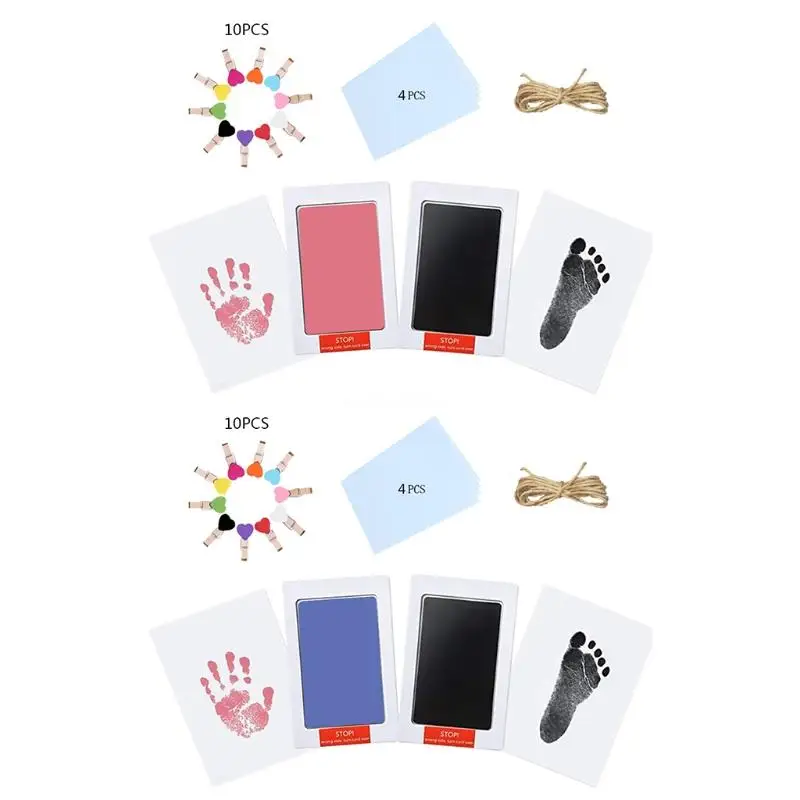 

Newborn Baby Footprint Handprint Durable Safe Nontoxic Pad Cards Wooden Clips Hemp Rope Infants Souvenirs