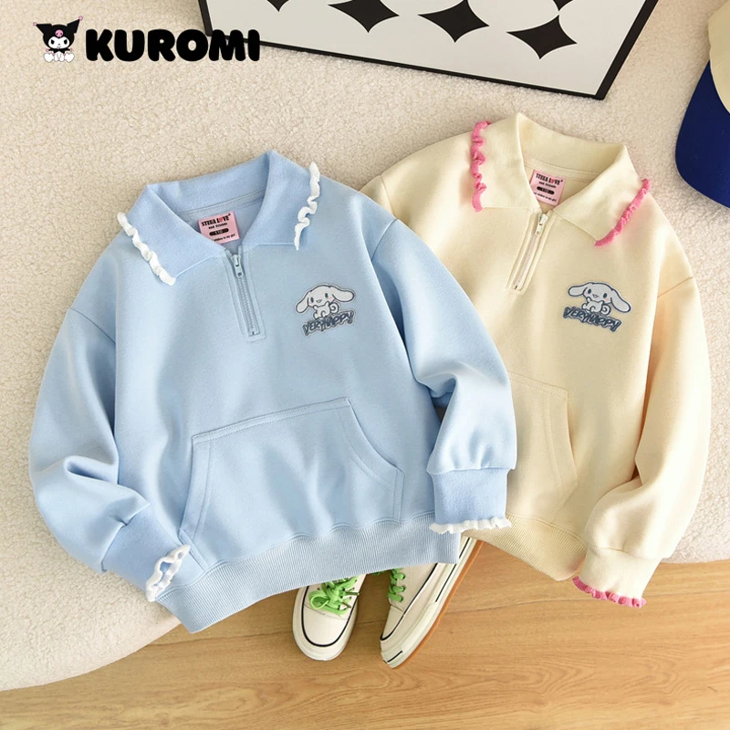 Kawaii Anime Sanrio Cinnamoroll Autumn New Embroidered Girls Sweater Cartoon Cute Fashion Lace Bottom Shirt Zipper Pullover