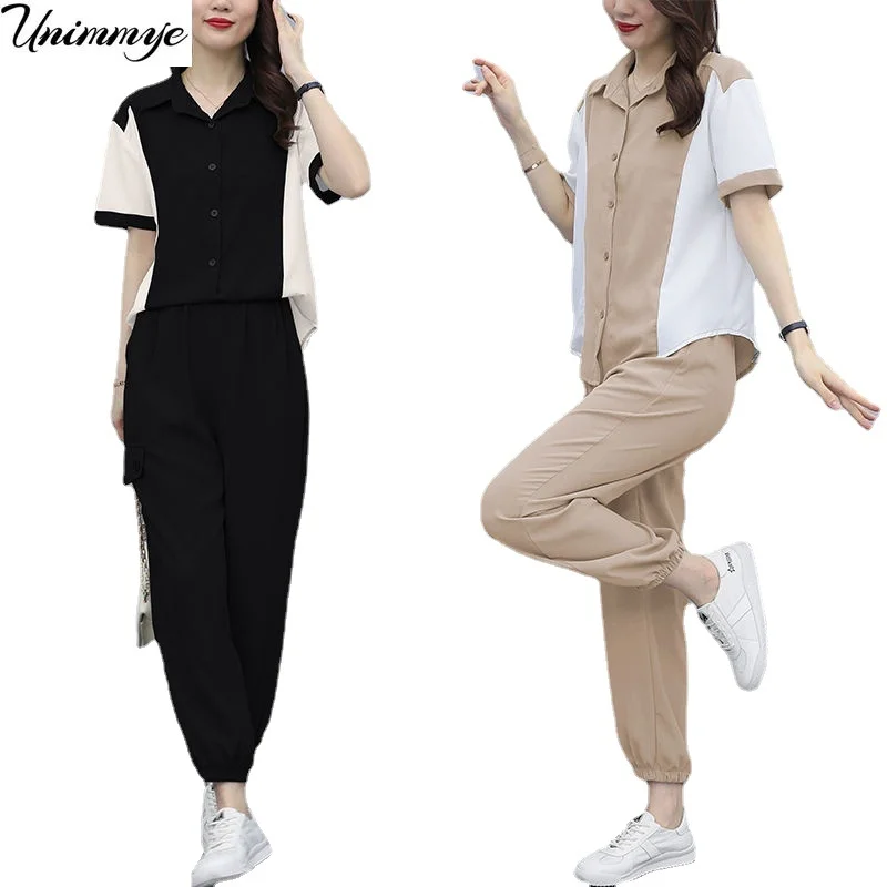 

Summer Tracksuit Women Short Sleeve Top + High Waist Pants Suits Casual Clothing Two Piece Set Womens Outfits 4XL J442
