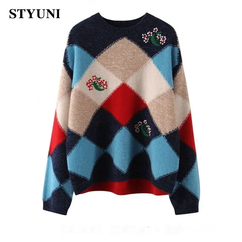 

Argyle Embroidery Vintage Chic Acrylic Knitted Soft Loose Women's Sweater Round-Neck Korean Fashion Pullover Jumpers Winter 2022