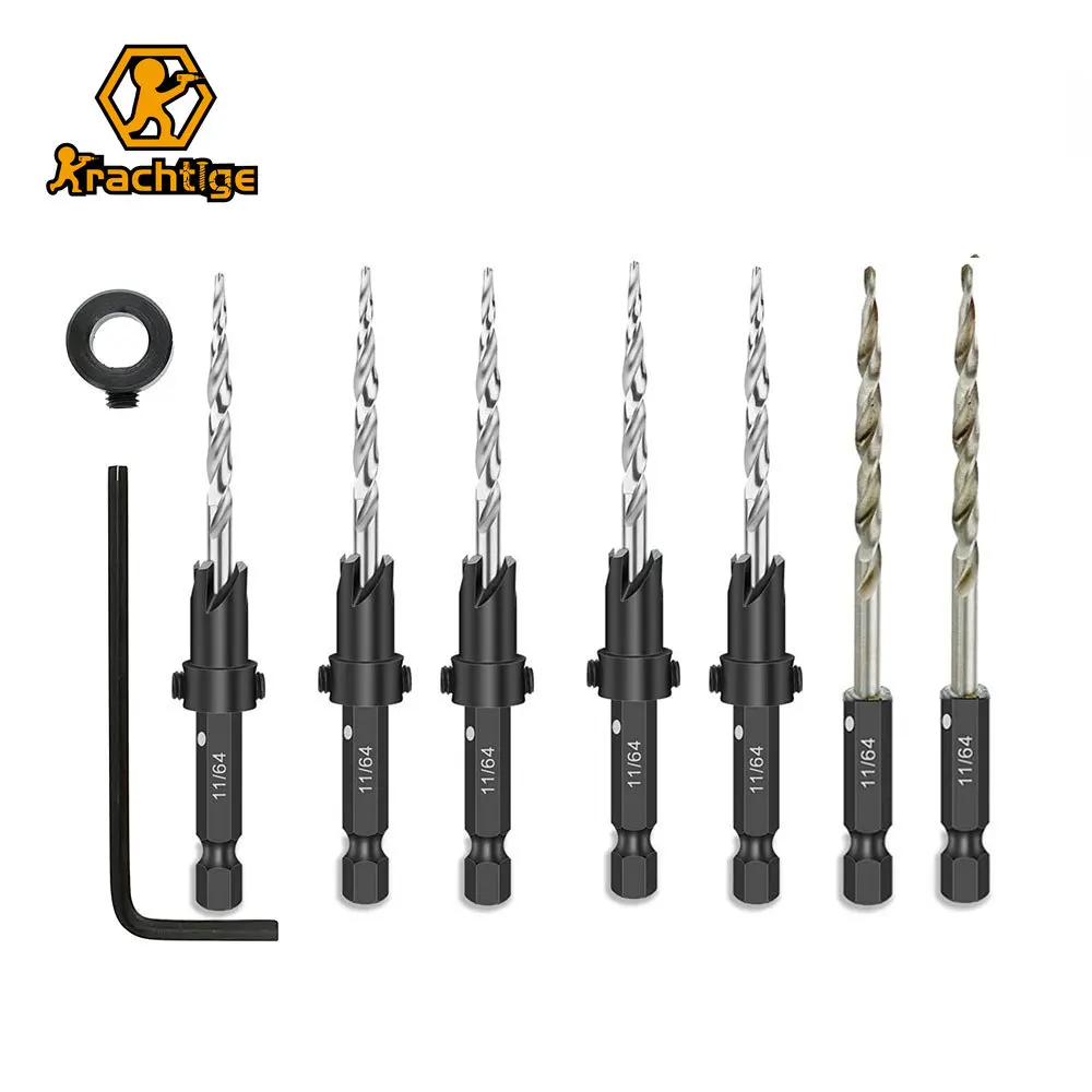 Wood Countersink Drill Bit Set 7/64 9/64 11/64 3/16 7/32 SAE Tapered Drill with 1/4