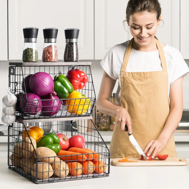 Штабелируемые настенные корзины для фруктов зернистость с деревянной крышкой