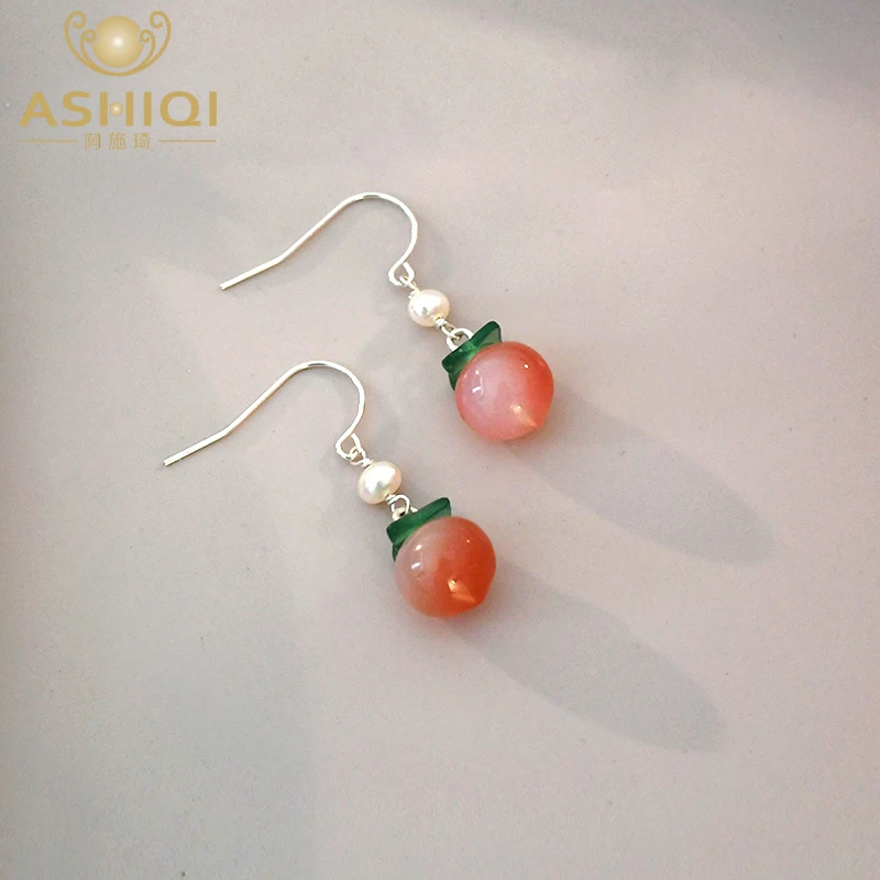 

ASHIQI Real Natural Freshwater Pearl Onyx Peach Earrings 925 Sterling Silver for Women Gift Fashion Jewelry