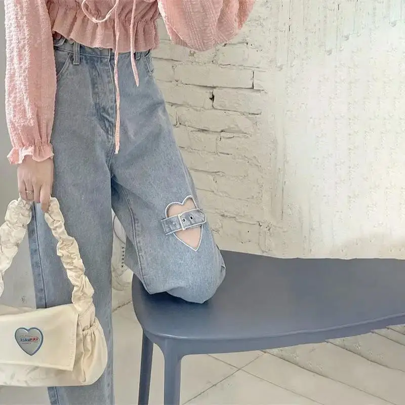 

Love Hollow Wide Leg Pants Jeans Sweet High Waist Blue Pants Women Harajuku Kawaii Small Fresh Y2K Straight Pants
