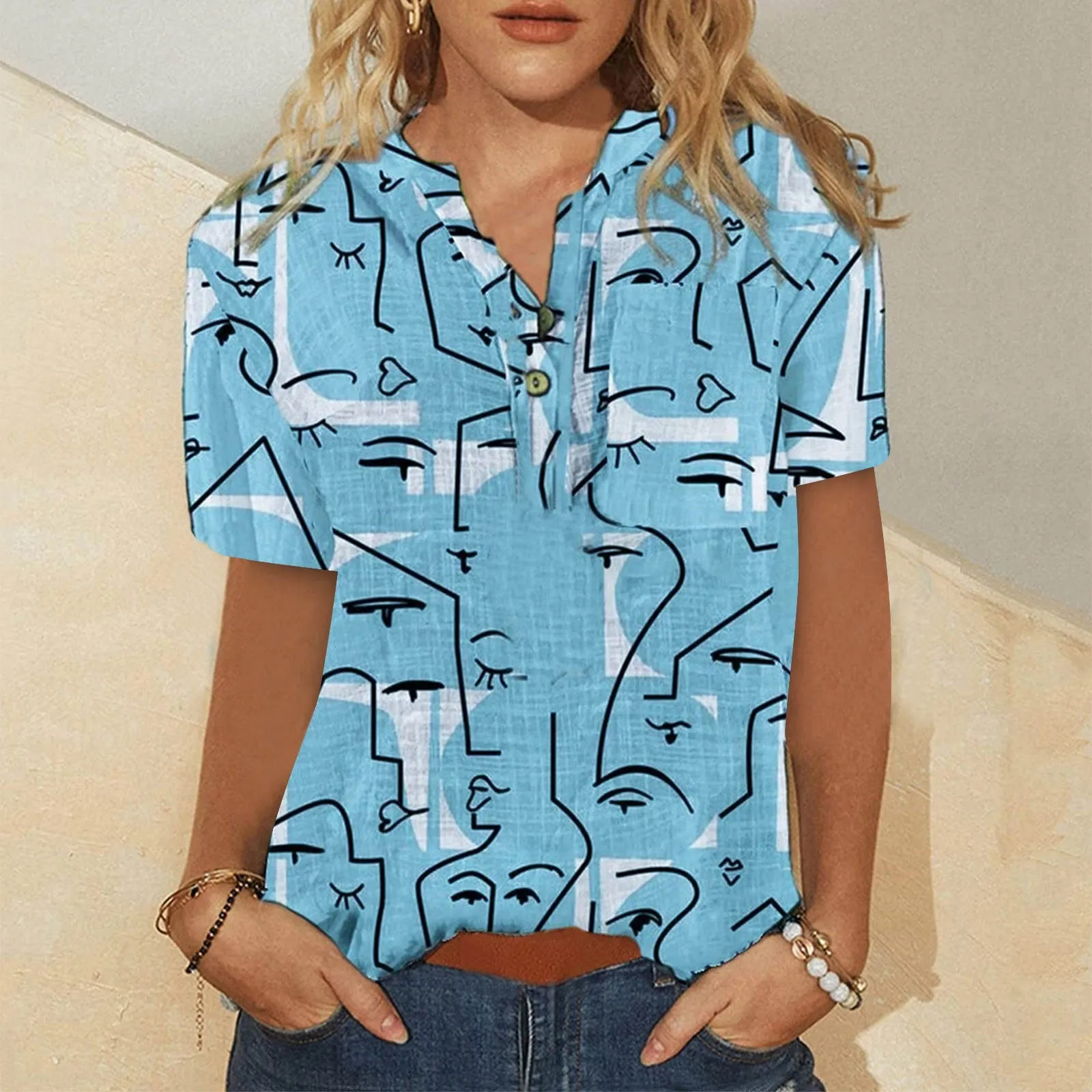 

Блузка женская повседневная из хлопка и льна с принтом и коротким рукавом