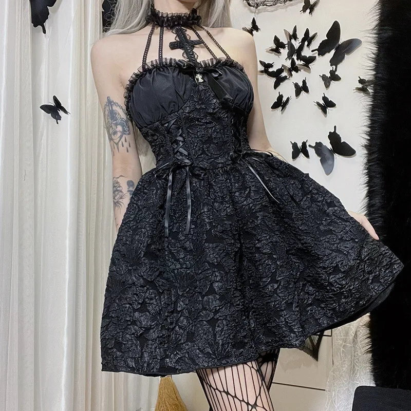 

Dark Goth Mall Gothic Emo Jacquard A-line Dresses Elegant Grunge Ruched Bandage Partywear Punk Black Women Halloween Club Dress