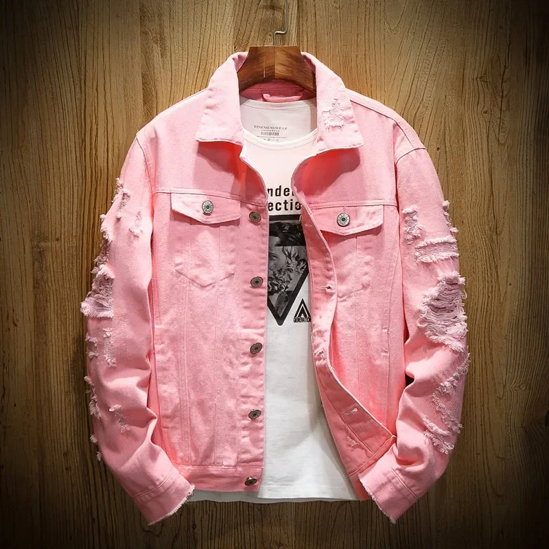 

Hole Denim Jacket Men Ripped Cowboy Jackets Coat Male Slim Fit Solid Casual Coats Cotton Plus Size Hip Hop Jeans Jacket