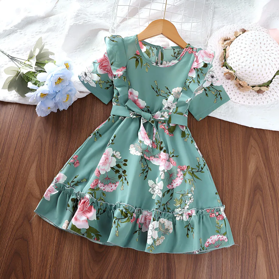 

Kids Clothes Girls Summer Dress 2023 Green Printing Ruffle Short Sleeve O-Neck Princess Dresses 4 To 7 Years Children's Vestidos