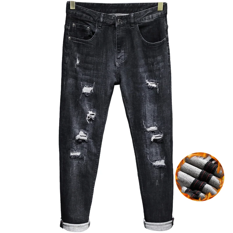 

Thicken Jeans For Men Winter Hip Hop Pants Denim Trousers Distressed Punk Style Men's Clothing Distressed Streetwear Motocycle