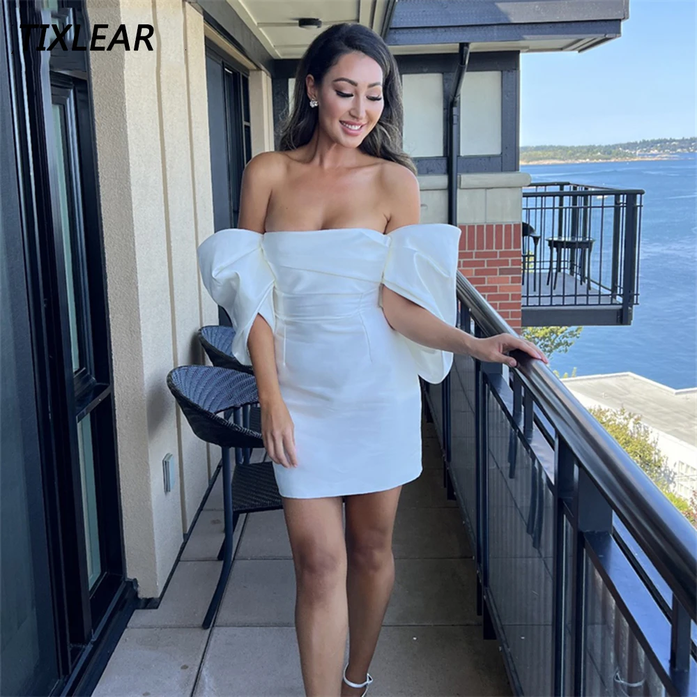 

TIXLEAR Simple Wedding Dresses Strapless Off The Shoulder Puffy Sleeve Backless Zipper Bridal Gown Floor Length Vestido De Noiva