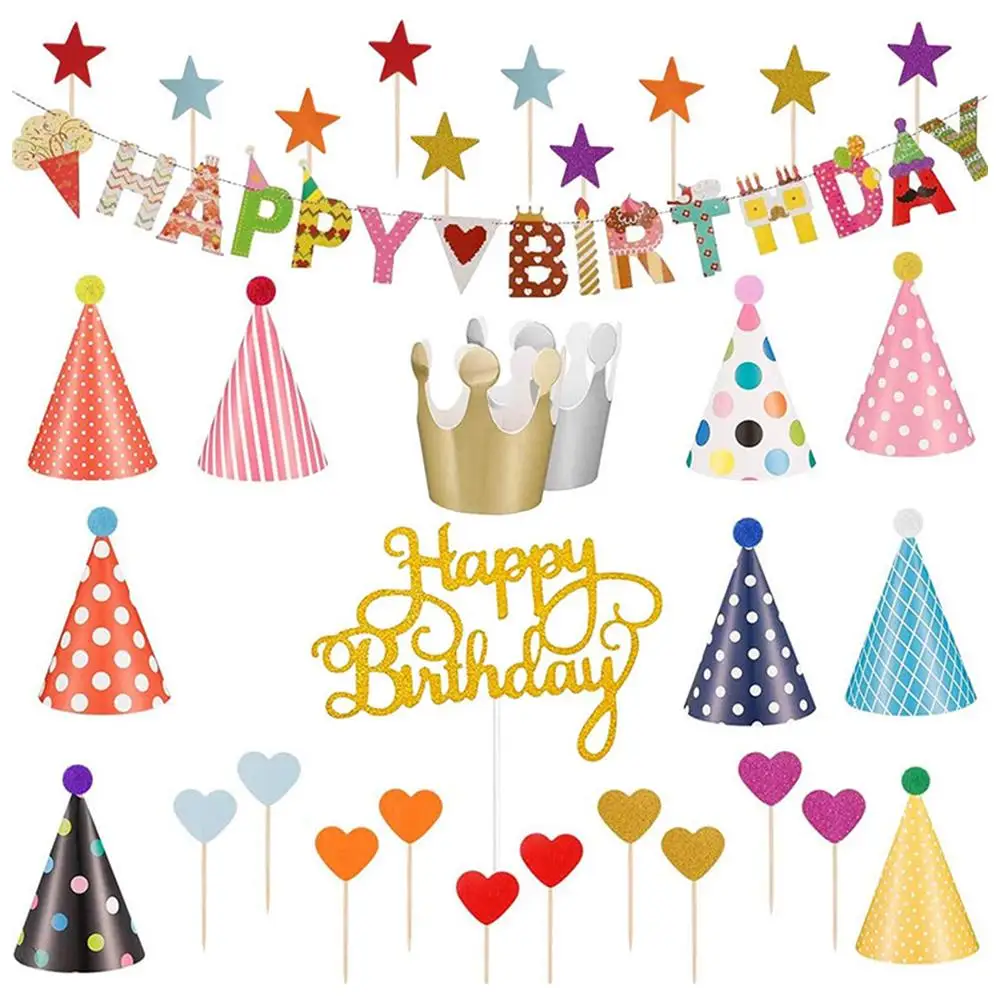 

33pcs Children Birthday Party Supplies Banner Hat Cake Toppers Party Props Baby Shower Decoration For Boys Girls