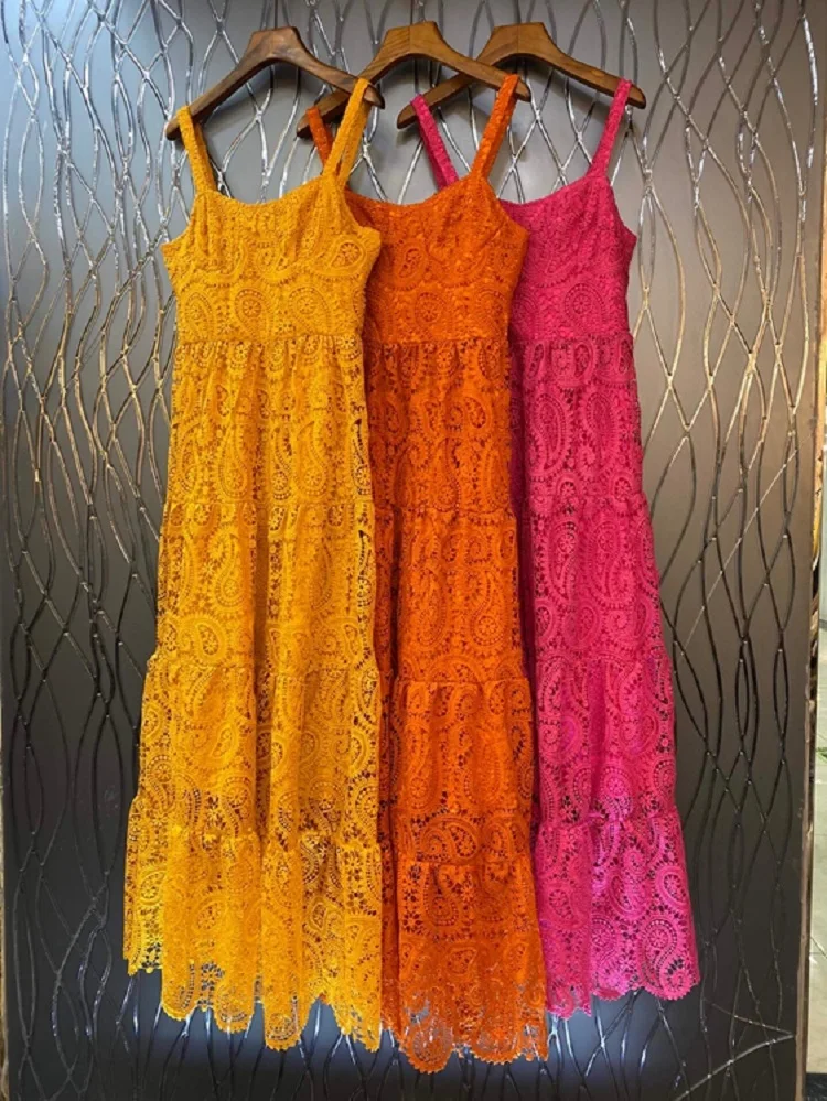 

High Quality New Lace Long Dress 2022 Summer Women Spaghetti Strap Allover Crochet Lace Embroidery Sexy Long Maxi Dress Orange