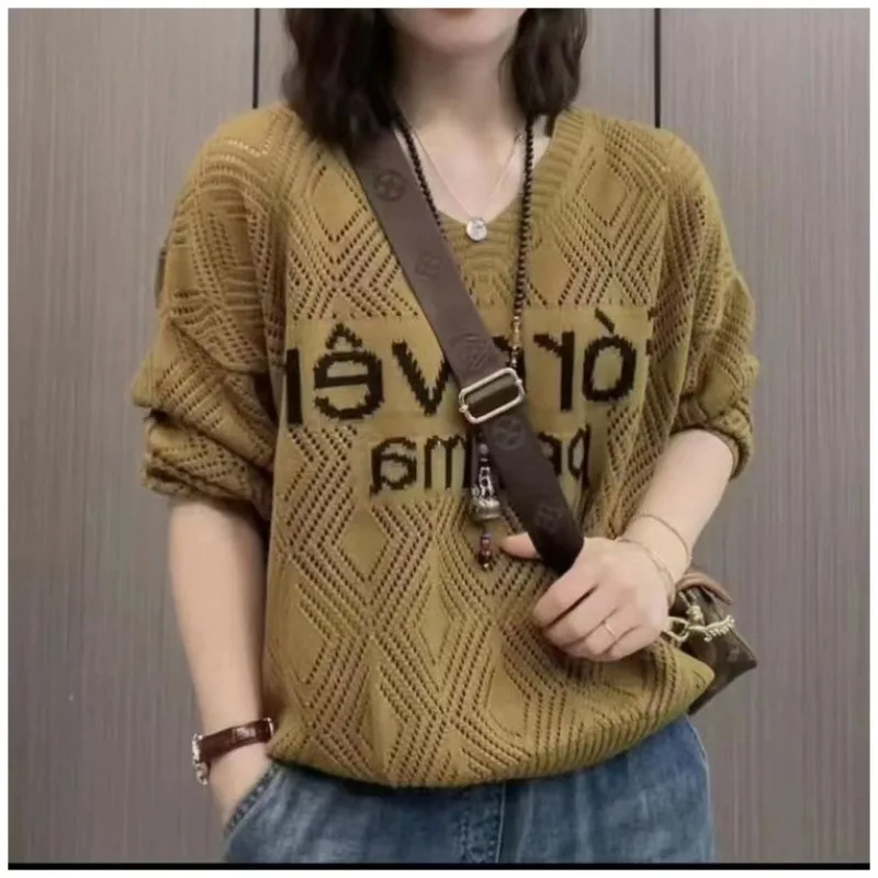 

Spring and Autumn Women's Pullover V-Neck Letter Solid Hollow Long Sleeve Sweater Sweatshirts Knitted Fashion Rest Loose Tops