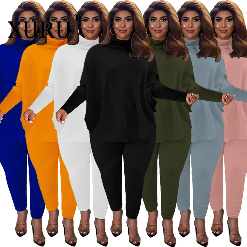 

Костюм брючный xulu облегающий однотонный, Новый женский комплект из двух предметов с брюками, с рукавом «Dolman» верх со щелью + брюки, комплект из двух предметов