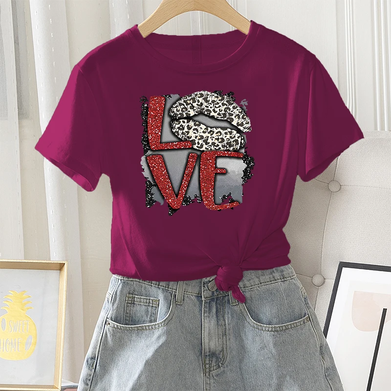 

Summer T-shirt Women Casual Fashion 100% Cotton Short Sleeve Love Letter Leopard Print Female Graphic Tshirt Round Neck Tee Tops
