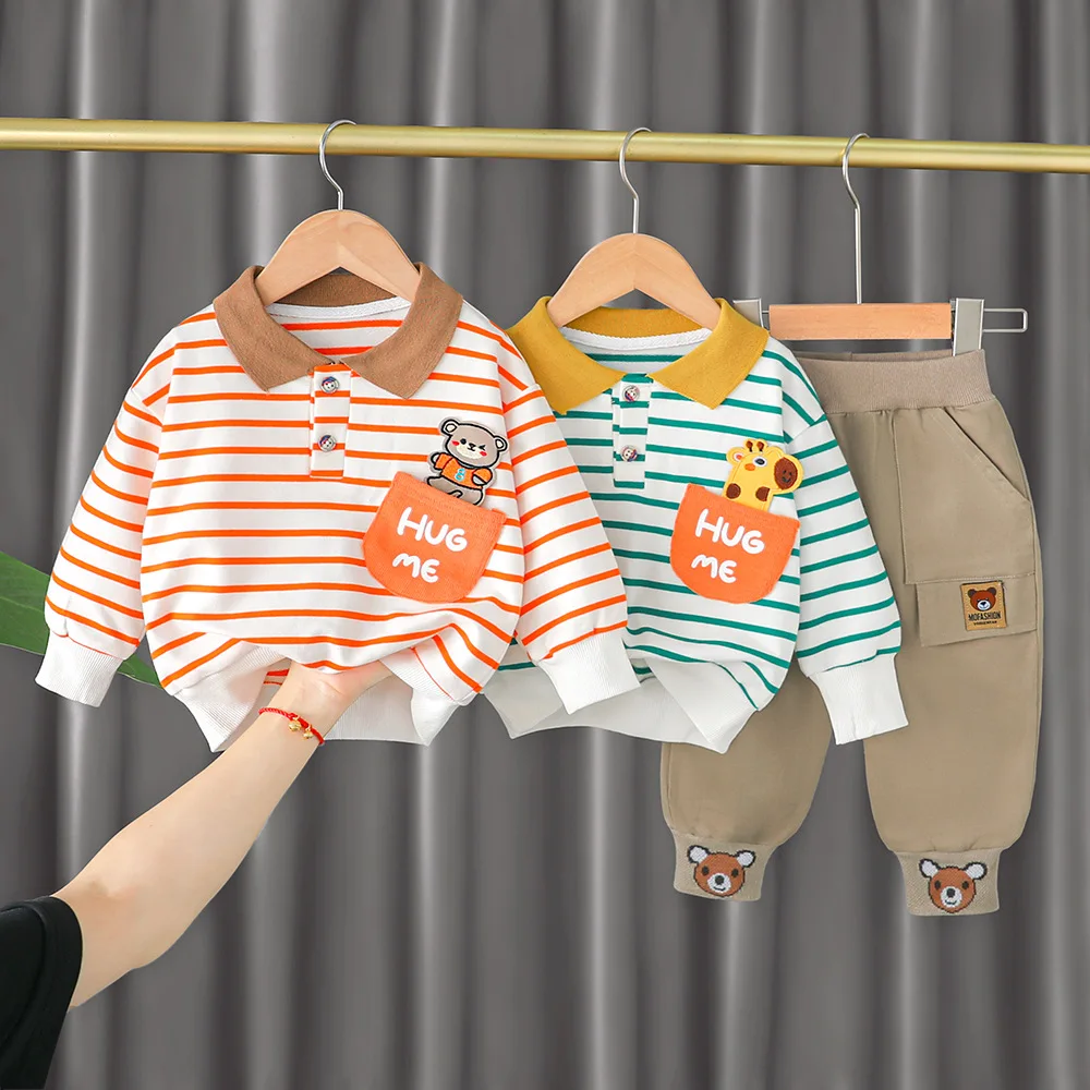 

2022 Spring Autumn Children Boys 2PCS Clothing Set Cartoon Striped T-shirts Cargo Pants Baby Boys Sports Suit 1-4 Years Kids