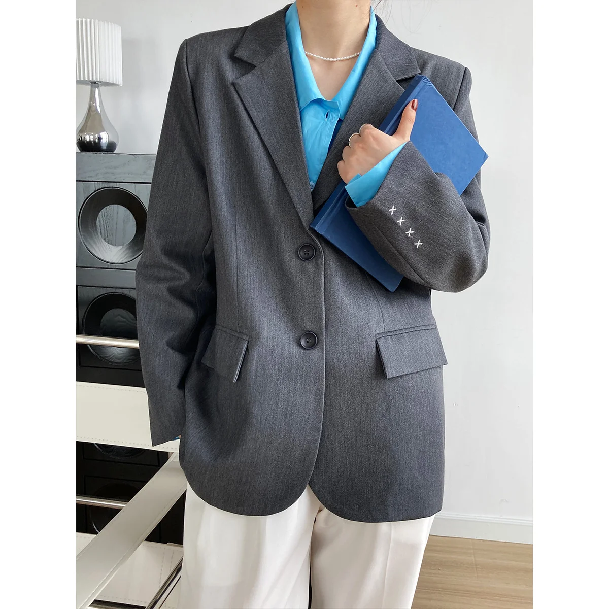 

Suninbox Women‘s Gray Beige Elegant Blazer Embroidery Sleeve Detailed Flap Pocket Jacket Shoulder Pad Autumn Casual Female Coat