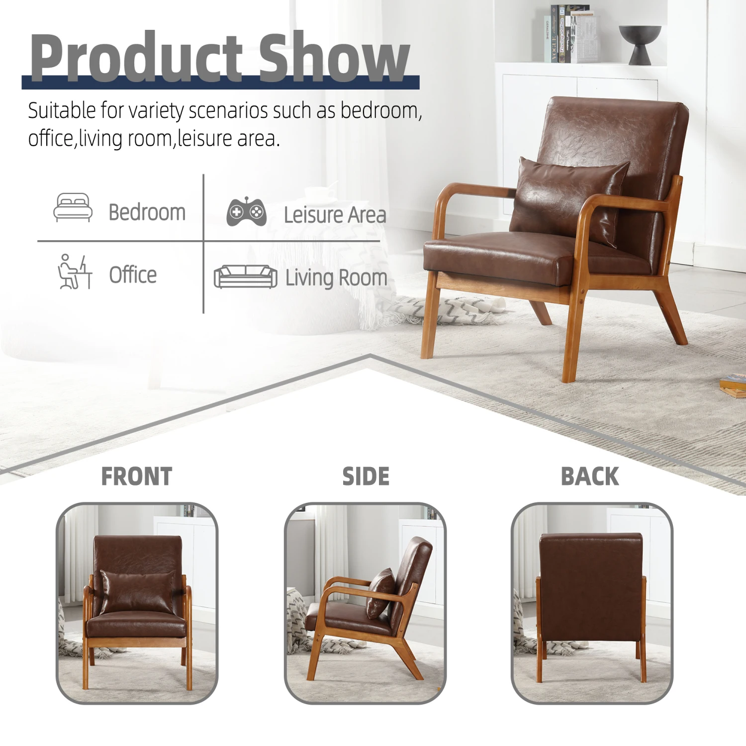Стул Coolmore Modern Accent с подкладкой из массива дерева и одной подушкой — коричневая