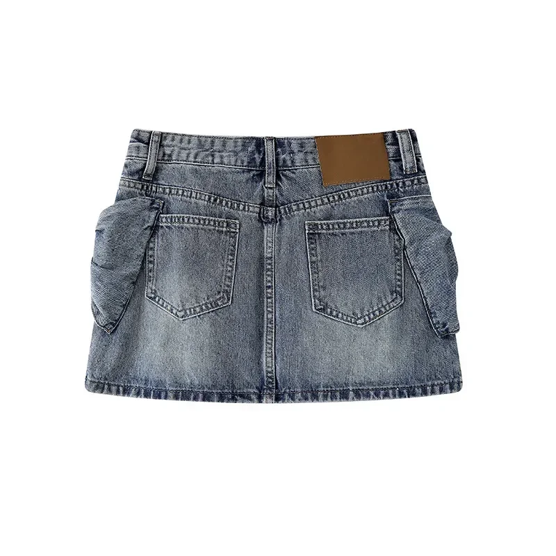 Фото Джинсовая короткая юбка с высокой талией Kawaii Сексуальная вечерняя мини-джинсовая юбка с бантами A Line Тонкая синяя уличная юбка Y2K Летняя Hotsweet брюки женские №4