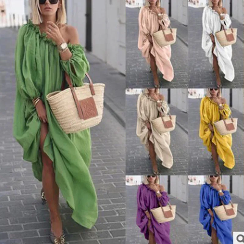 

Women Oblique Collar Off Shoulder Long Dress Autumn Solid Long Sleeve Loose Sundress Ladies Beach Maxi Dresses Vestidos