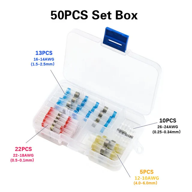 

50PCS Solder Seal Wire Connectors Kit Waterproof Heat Shrink Butt Connectors Electrical Wire Terminals Insulated Butt Splice Set