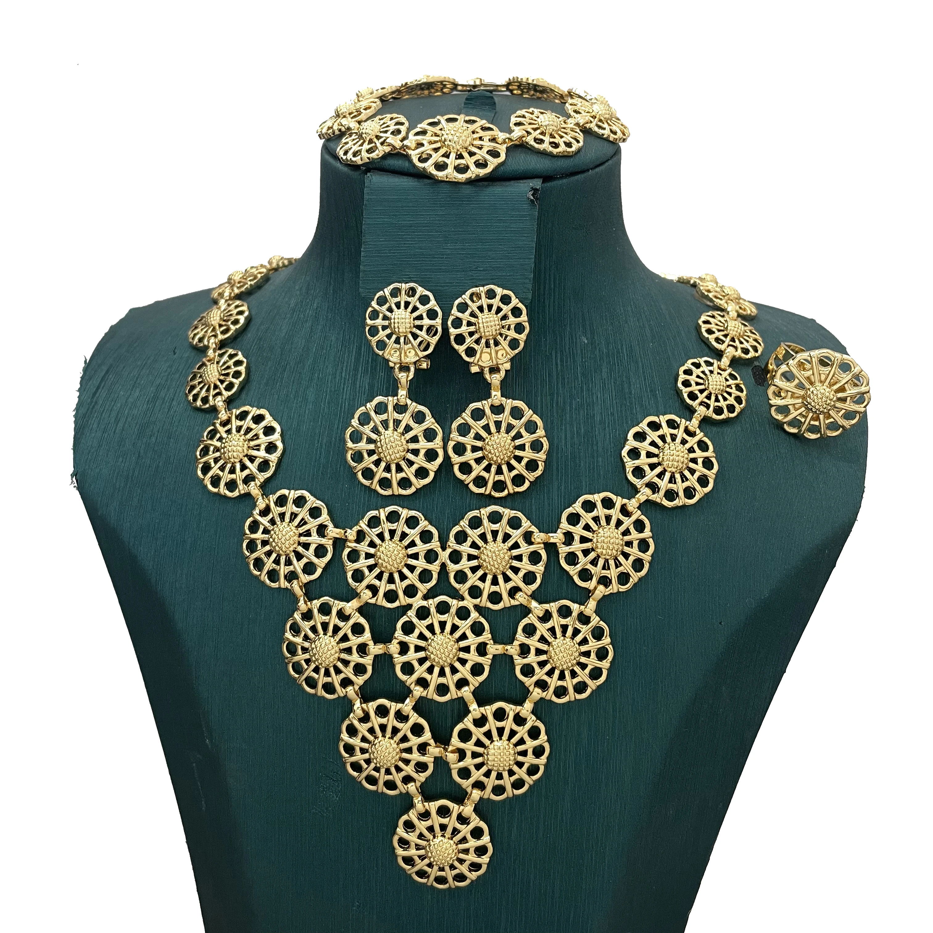 

Gold Plated Jewelry Set Round Shape Weddings Bridal Necklace and Earrings with Bangle Ring 18k Jewelry Set Free Shipping