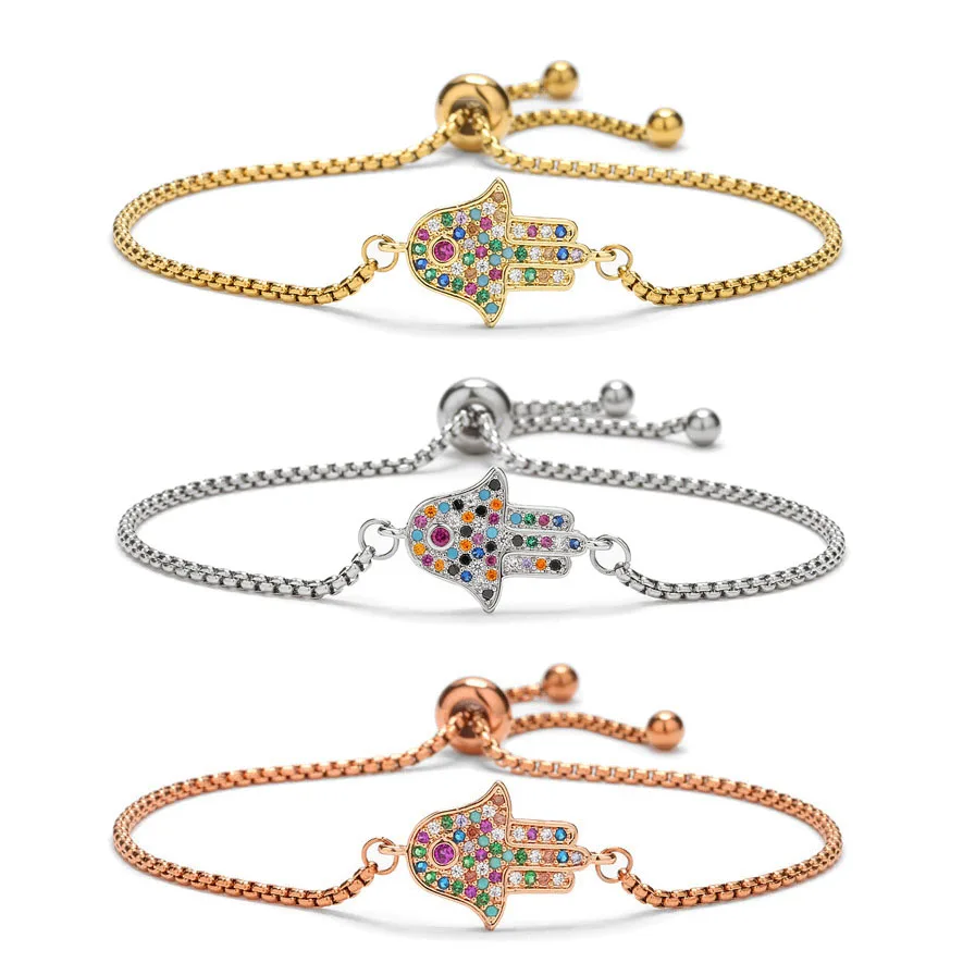 Браслет женский с фианитами регулируемая цепочка подвеской-шамбой рука Бога