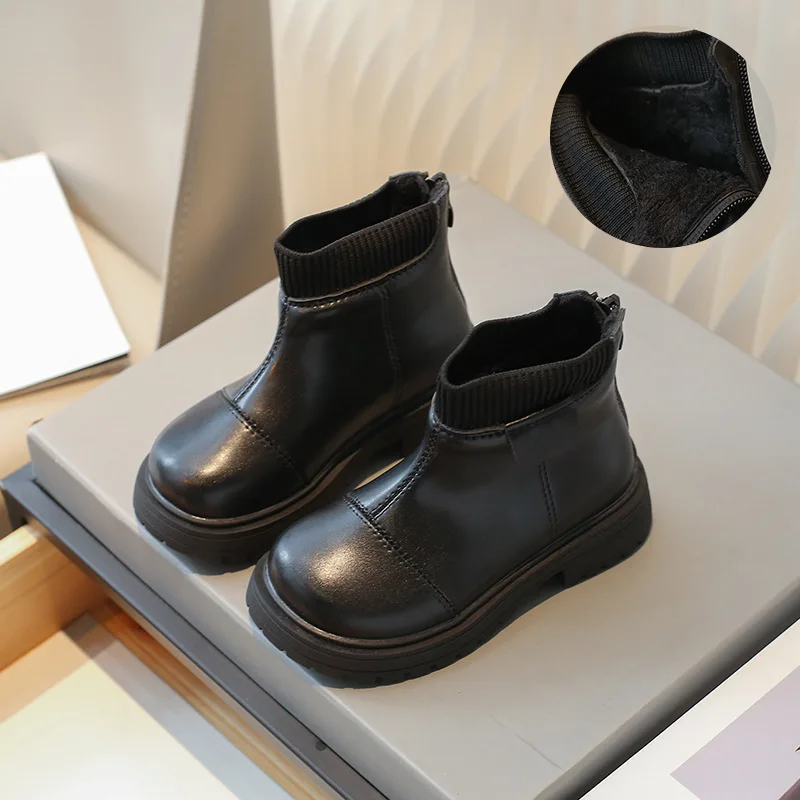 

New Children Shoes Baby Girls Boots All-black Student PU Leather Casual Back Zipper Ankle Boots Winter Velvet Kids Boots G10011