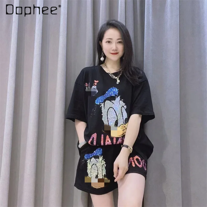 

Loose Casual Shorts Set Short Sleeve Two-Piece Sets Women's Clothing 2022 Summer New Cartoon Printed Rhinestones Shorts Suit