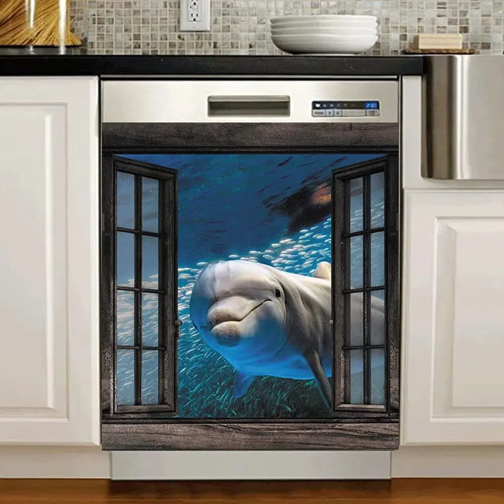

Love Dolphin Dishwasher Sticker Sticker Cover,Ocean Sea Fridge Door Decal,Funny Animal Refrigerator Panel Vinyl Cover Ki