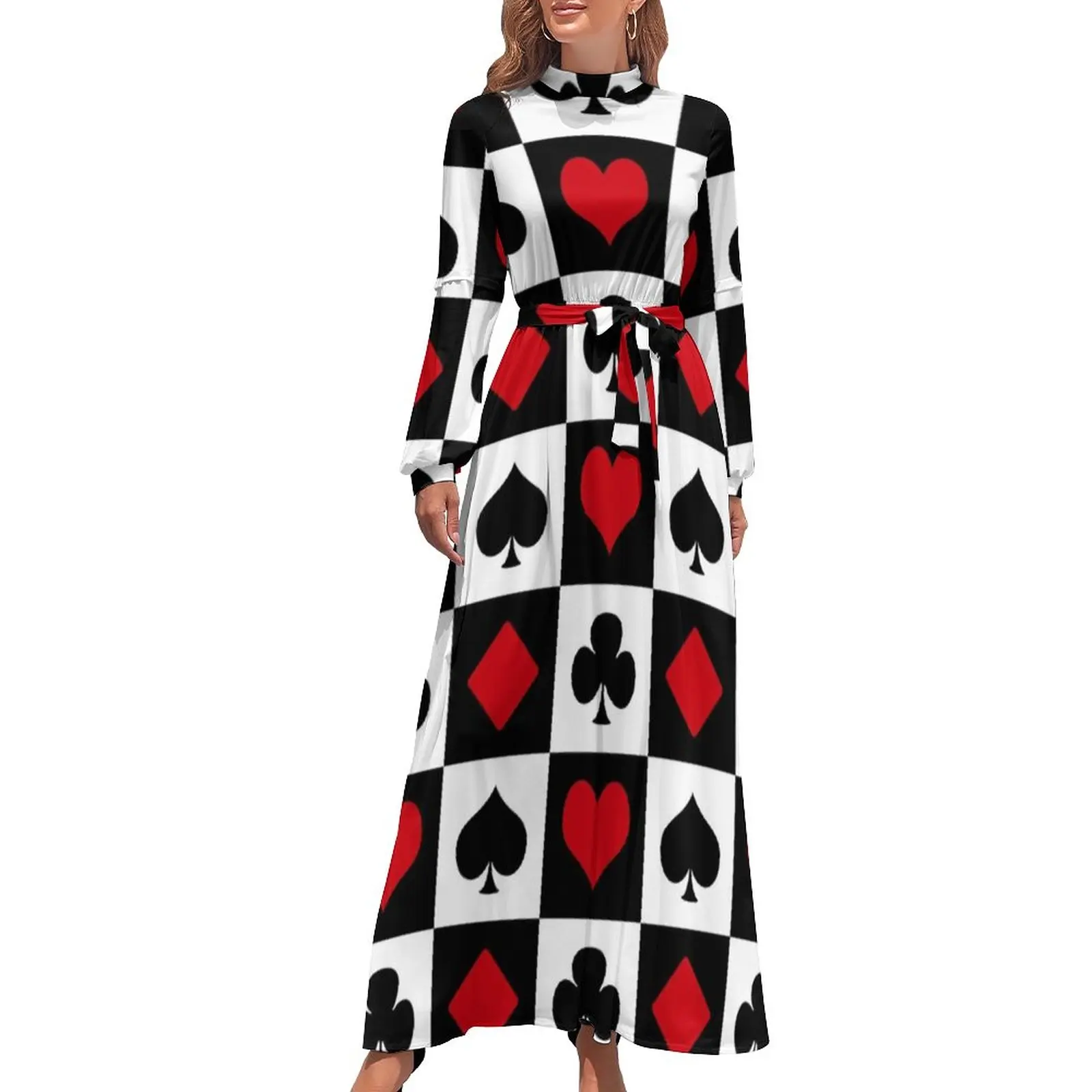 

Plaid Poker Print Dress Long Sleeve Playing Card Elegant Maxi Dress High Waist Street Style Graphic Boho Beach Long Dresses Gift