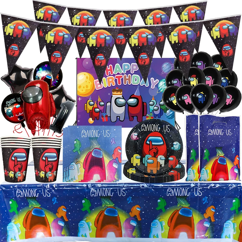 

Among Game Us Party Supplies-Video Game Party Decorations Kids Birthday Party Favors Banners Tablecloths Number Balloons Kit