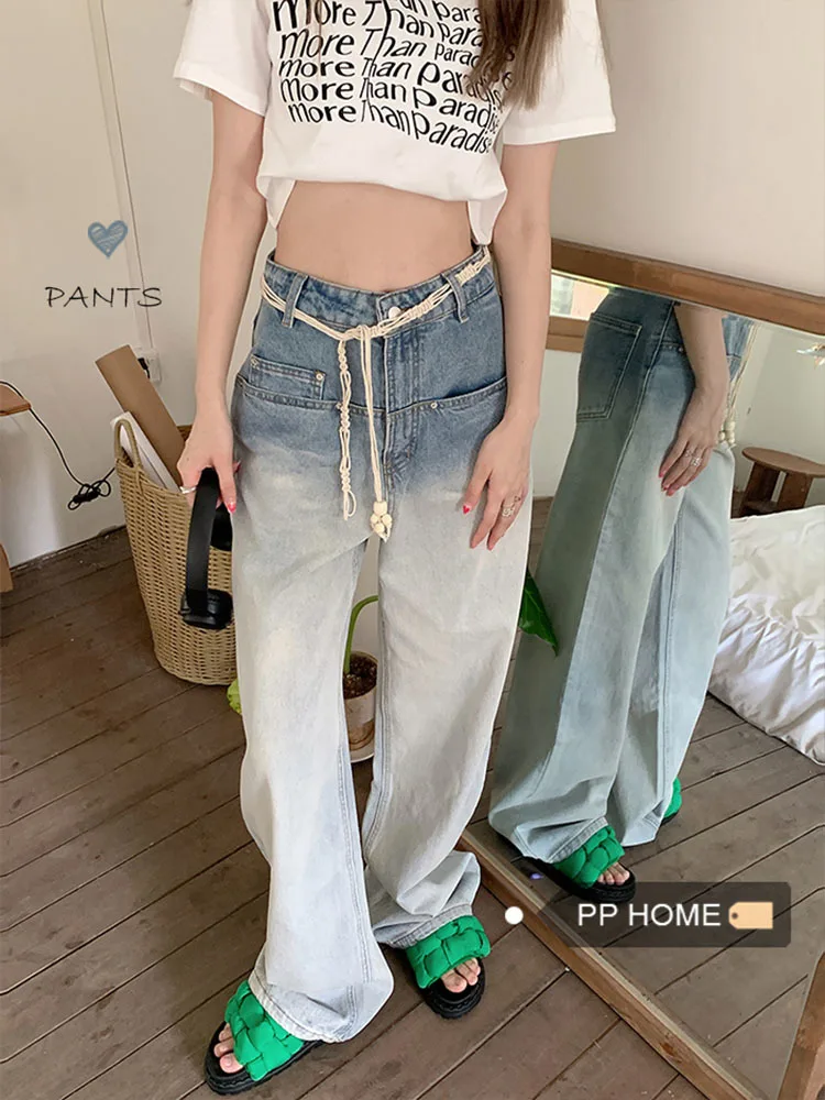 

Женские винтажные мешковатые джинсы в американском стиле, повседневные Прямые длинные брюки большого размера с эластичным поясом и широкими штанинами, 2023