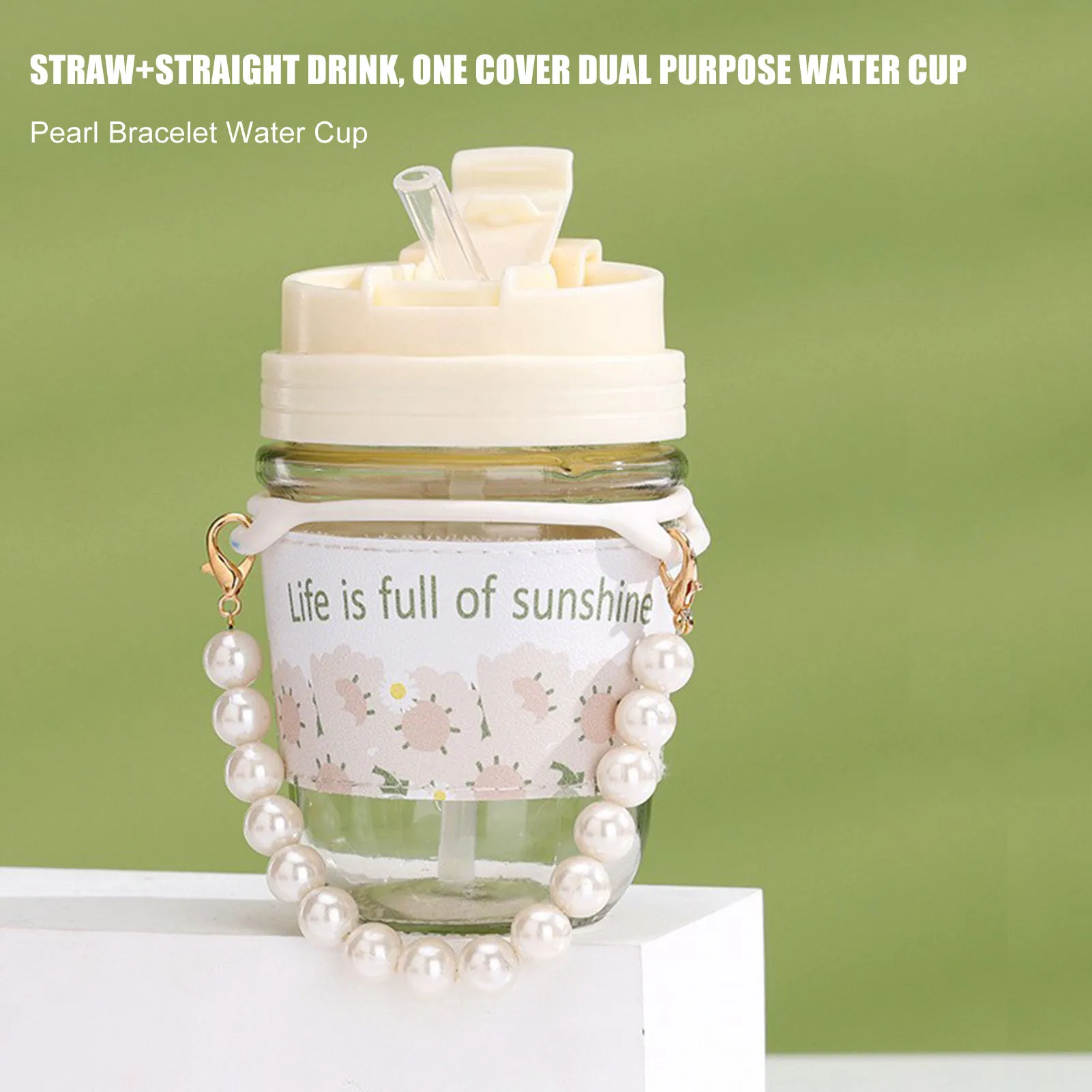 

350ML Glass Water Cup Wholesale Net Red Ins Pearl Chain Double Drinking Cup Portable Straw Cup High-quality Juice Glass