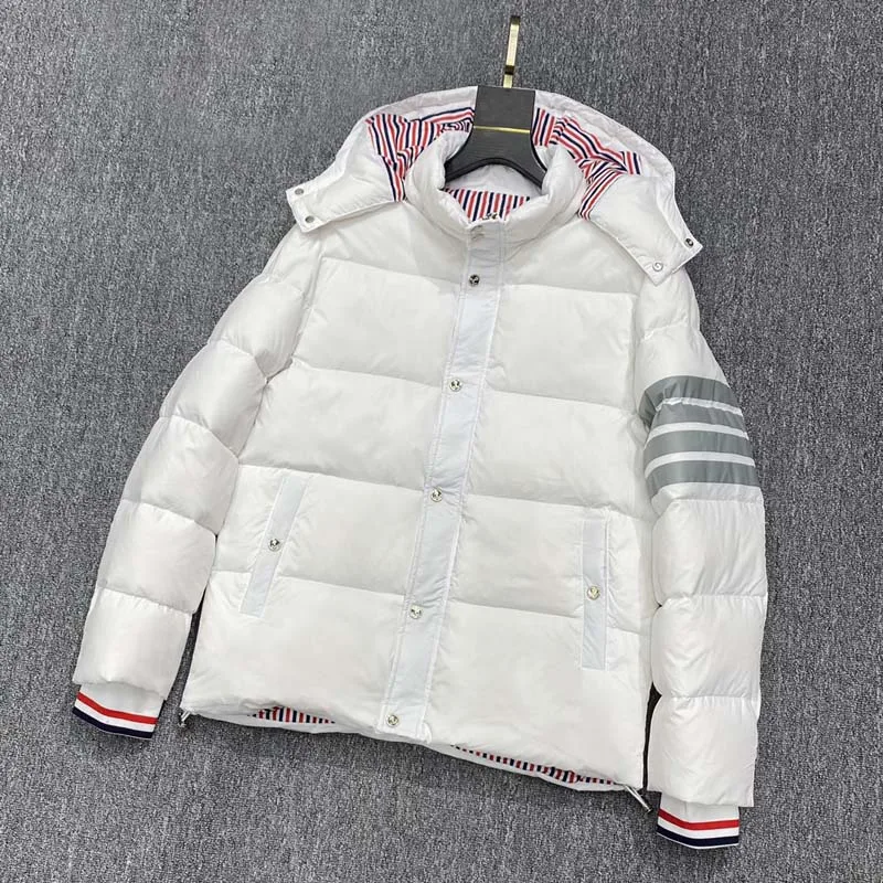 New White Duck Down Jacket Classic Striepd Men Winter Warm Solid Color Hooded Down Coats Winter Outdoor Coat TB Down Jackets