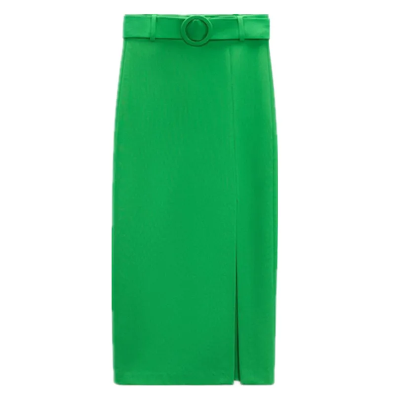 New Casual Fashion Women's Solid Color High Waist Hip Skirt with Belt Straight Skirts Green Skirt