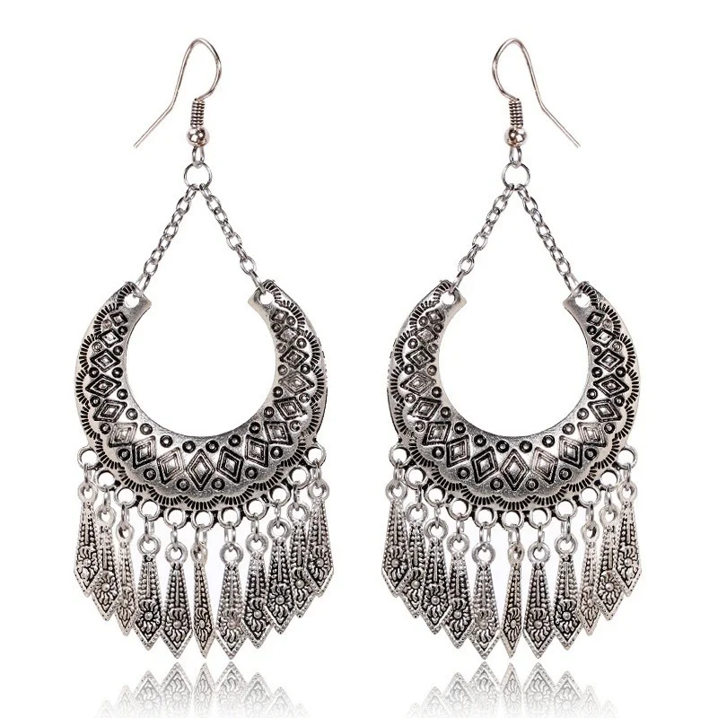 

Retro Ethnic Court Style Classical Bohemian Water Drop Tassel Earrings Hollow Carved Earrings