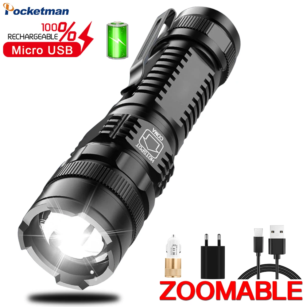 

Яркая светодиодсветильник вспышка T9, 3 режима, USB-зарядка, водонепроницаемый портативный фонарик с фокусировкой, алюминиевый сплав, зажим дл...