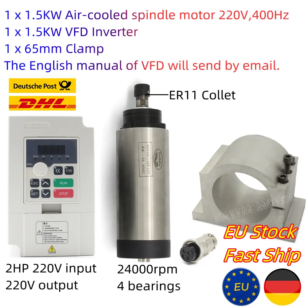 『EU Stock』CNC 1.5KW 220V Air-cooled Spindle Motor ER11,24000rpm& 1.5kw Inverter VFD 2HP 220V for CNC Router Engraving Milling
