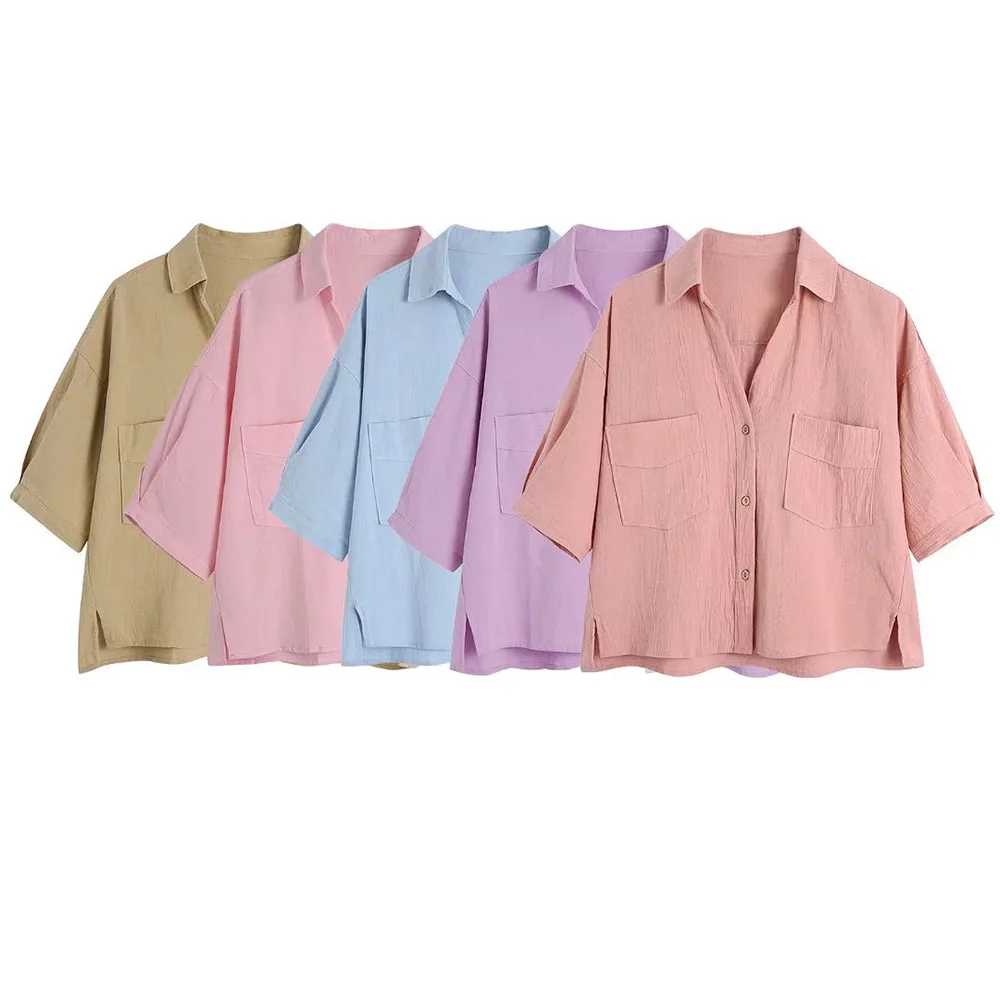 

ZATRHMBM short sleeve Woman Blouses single-breasted lapel Elegant Woman Shirt pocket accessories fashion woman blouses 2022