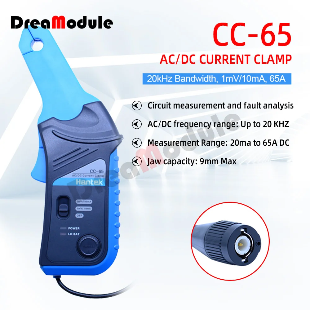 

Hantek Oscilloscope AC/DC Digital Current Clamp Probe CC-65 CC-650 20KHz/400Hz Bandwidth 1mV/10mA 65A/650A with BNC Plug