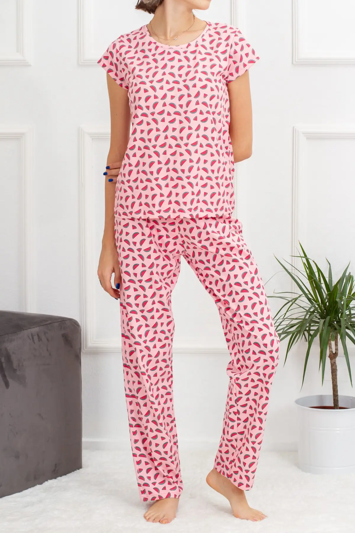 

Women's Pajamas Watermelon Slice Patterned Pink Cotton Short Sleeve Sleep Lounge Pajamas Nightwear Sleepwear Night Suit