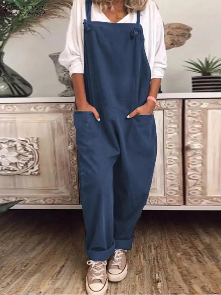 

Oversized Vintage Jumpsuits Summer 2022 Women Dungarees Suspender ZANZEA Overalls Wide Leg Pants Female Solid Rompers Playsuit 1